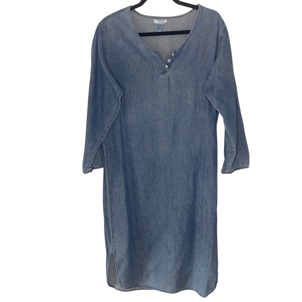 Vintage Chambers Denim Chambray Shift Dress Long Sleeve Midi Blue 3 Button Front